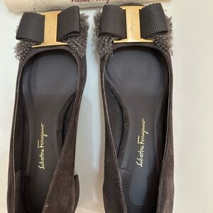 Salvatore Ferragamo Dark Brown Suede Flats with Gold Accent
